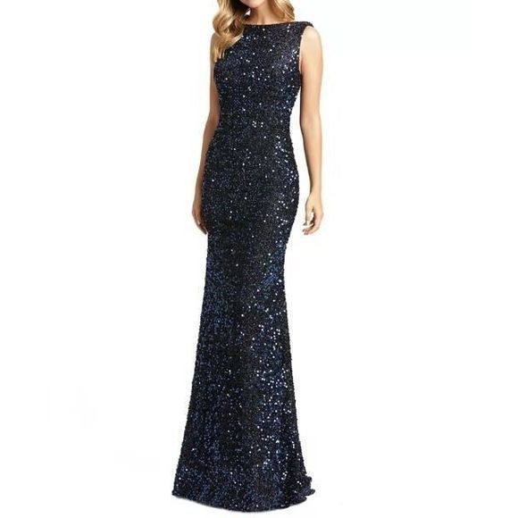 Mac Duggal 26331 Women's Sz 6 Midnight Blue Sequin Sleeveless Sheath Gown $398 - Picture 1 of 8